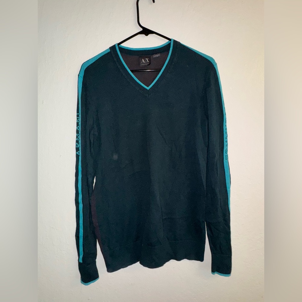 Armani Exchange Men's Black Sweater with Blue Accents